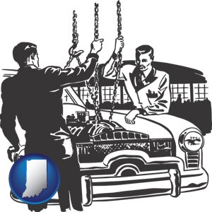 auto mechanics hoisting an engine out of a car with chains - with Indiana icon