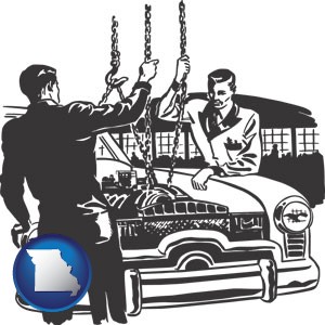 auto mechanics hoisting an engine out of a car with chains - with Missouri icon