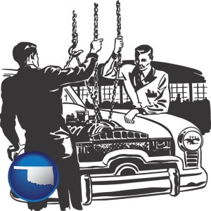 auto mechanics hoisting an engine out of a car with chains - with Oklahoma icon