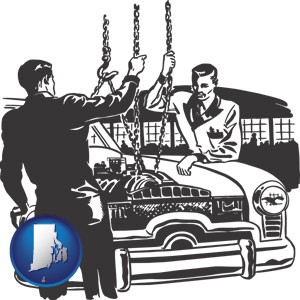 auto mechanics hoisting an engine out of a car with chains - with Rhode Island icon