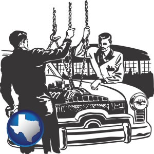 auto mechanics hoisting an engine out of a car with chains - with Texas icon